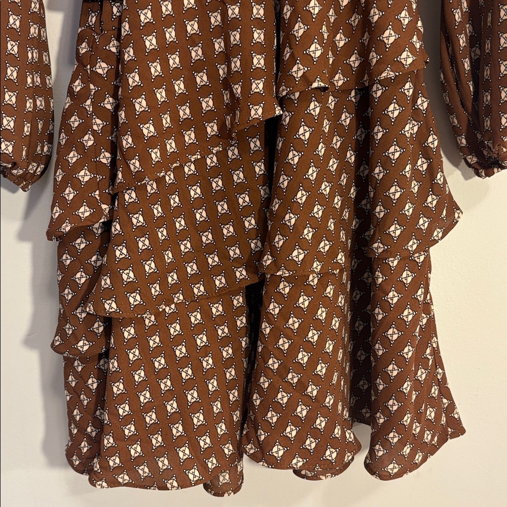 NWT Chocolate Brown Printed Collared Long Sleeve Tie Waist Tiered Mini Dress - Picture 7 of 12